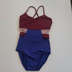 XXS Honeycut leotard. Maroon, blue & pale pink.